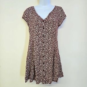 Mudd Maroon Floral Print Short Sleeve Mini Dress Size L Junior 90s Grunge